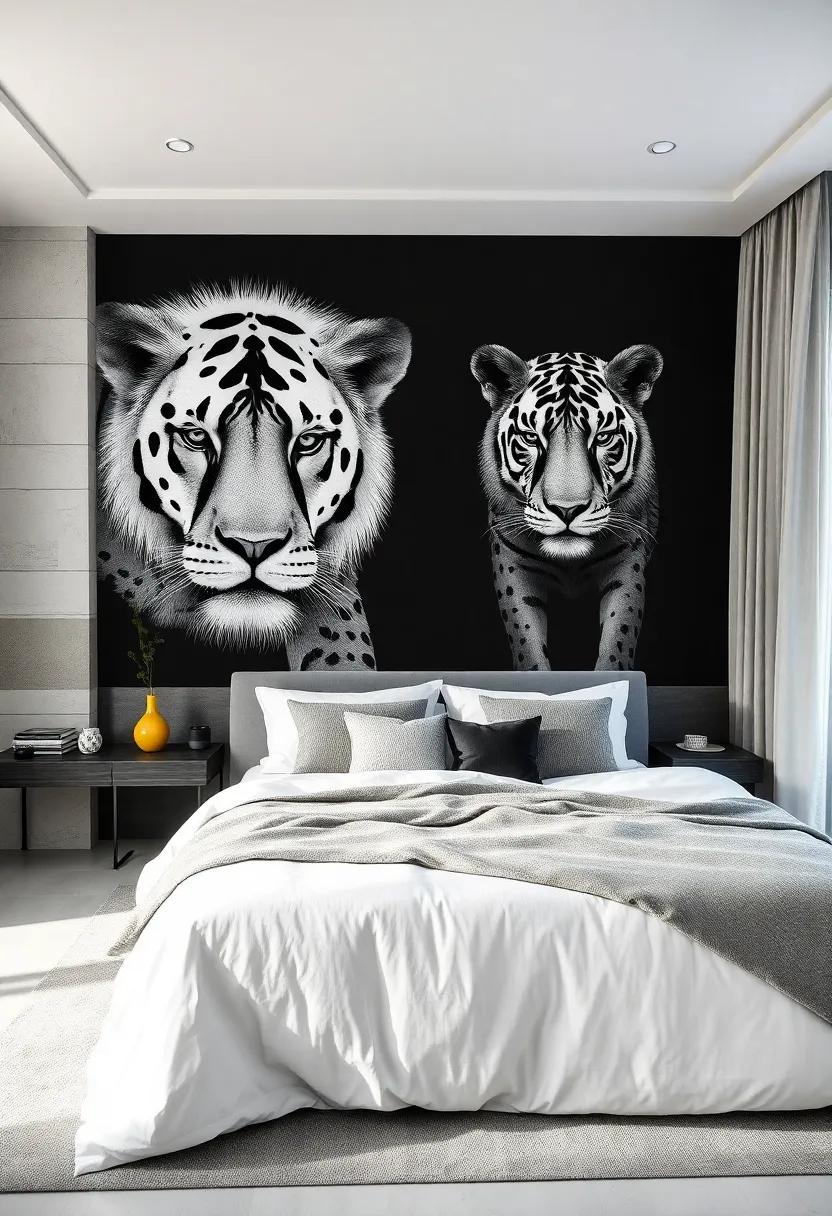 Whitewashed Walls Acting as a Clean Canvas for a Giant Black Minimalist Silhouette Bringing Visual Focus to the Bed