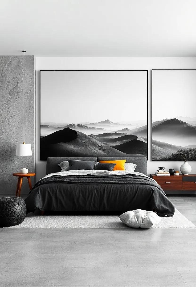 Oversized Monochrome Landscape Art Invoking a Sense of Calm and Vastness in a Sleek Contemporary Sleep Area