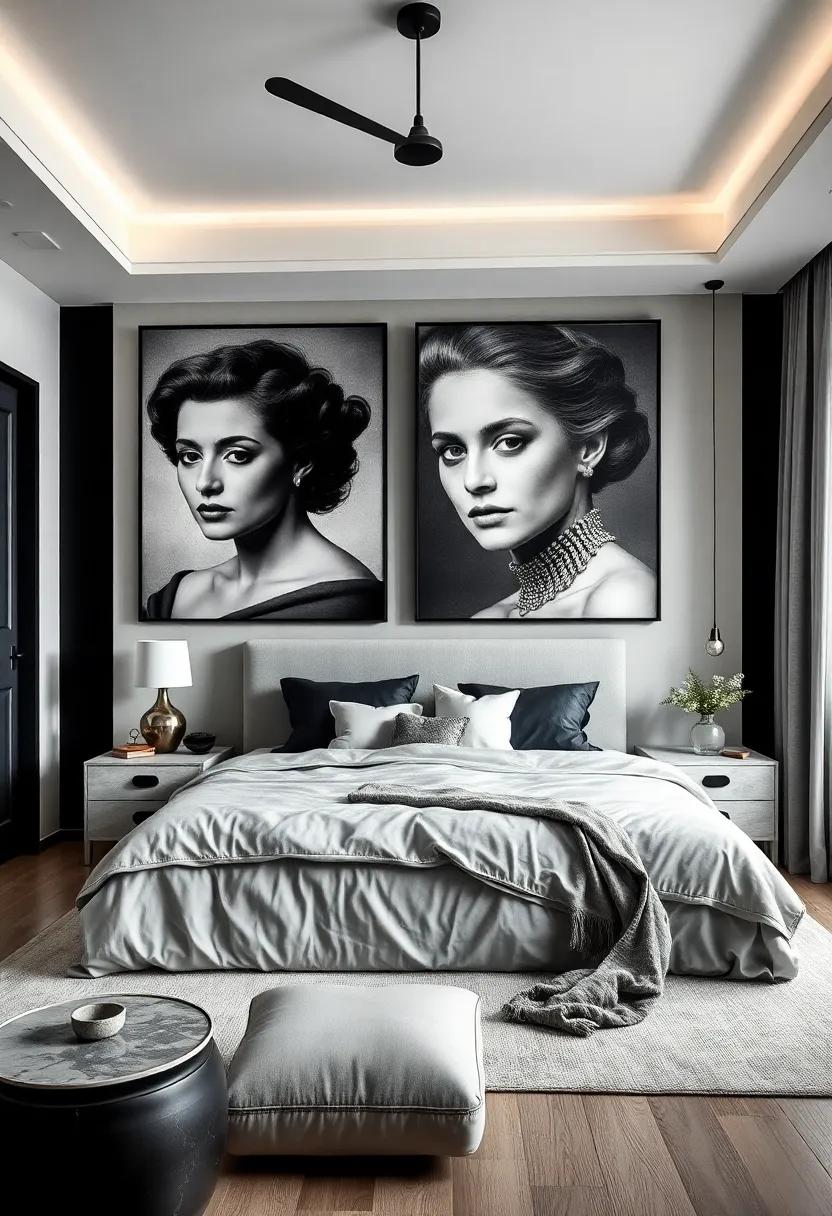 Vintage Black and White Portraits Enlarged to Bring Nostalgic Charm to a Modern Monochrome Sleeping Room