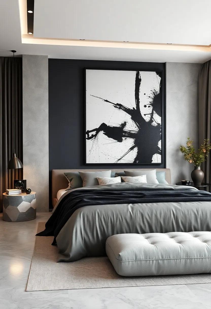 Soft Textured Fabric Panels Matched with a Large Black and White Abstract Expressionist Wall Piece for Drama