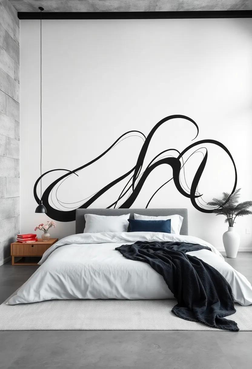 A Giant Oversized Calligraphic Drawing on Pale Greyscale Walls Creating a Harmony of Flowing Lines and Simplicity