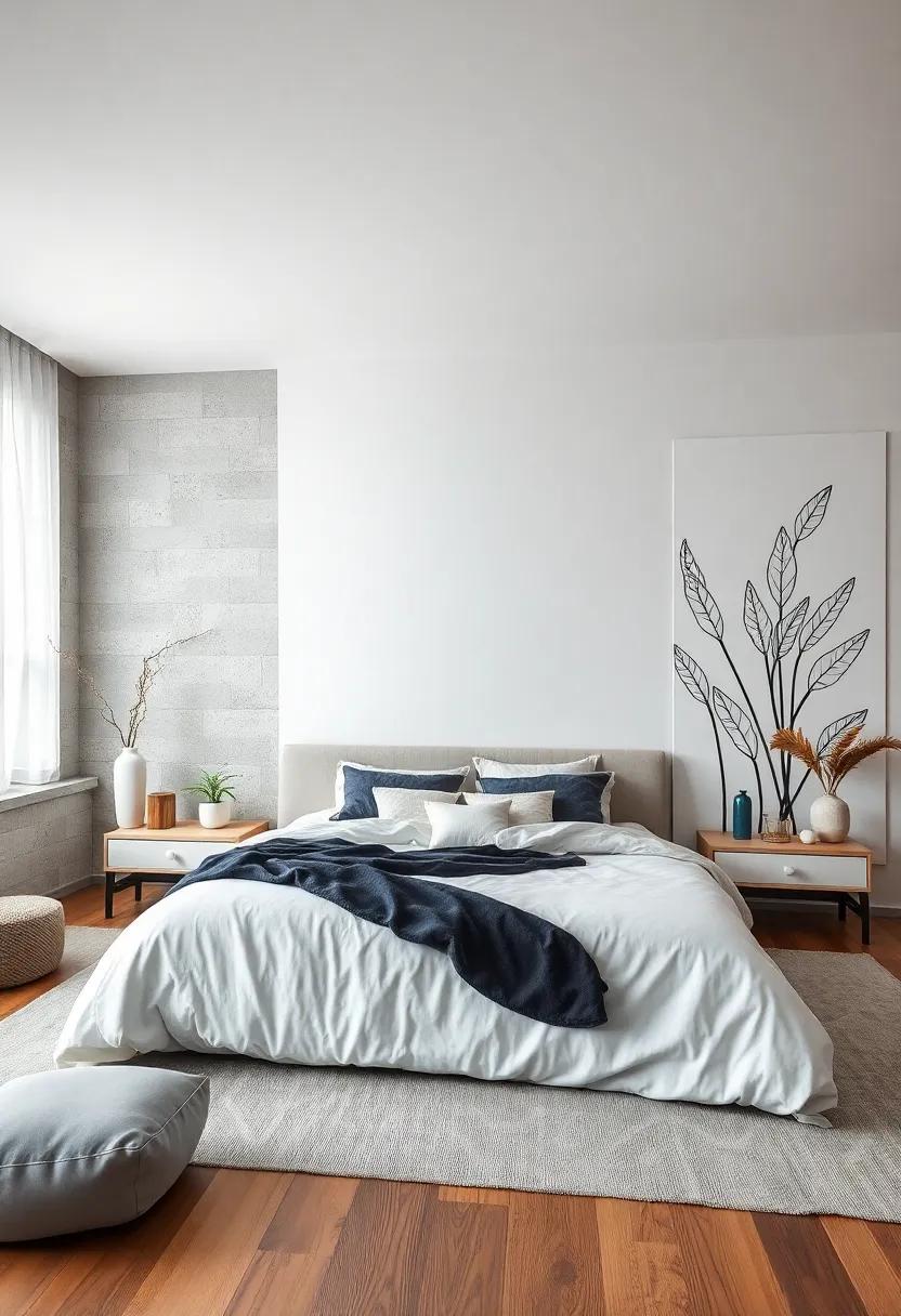 Calm Mid-Tone Walls Featuring a Bold Oversized Line Drawing of Natural Elements in a Peaceful Retreat