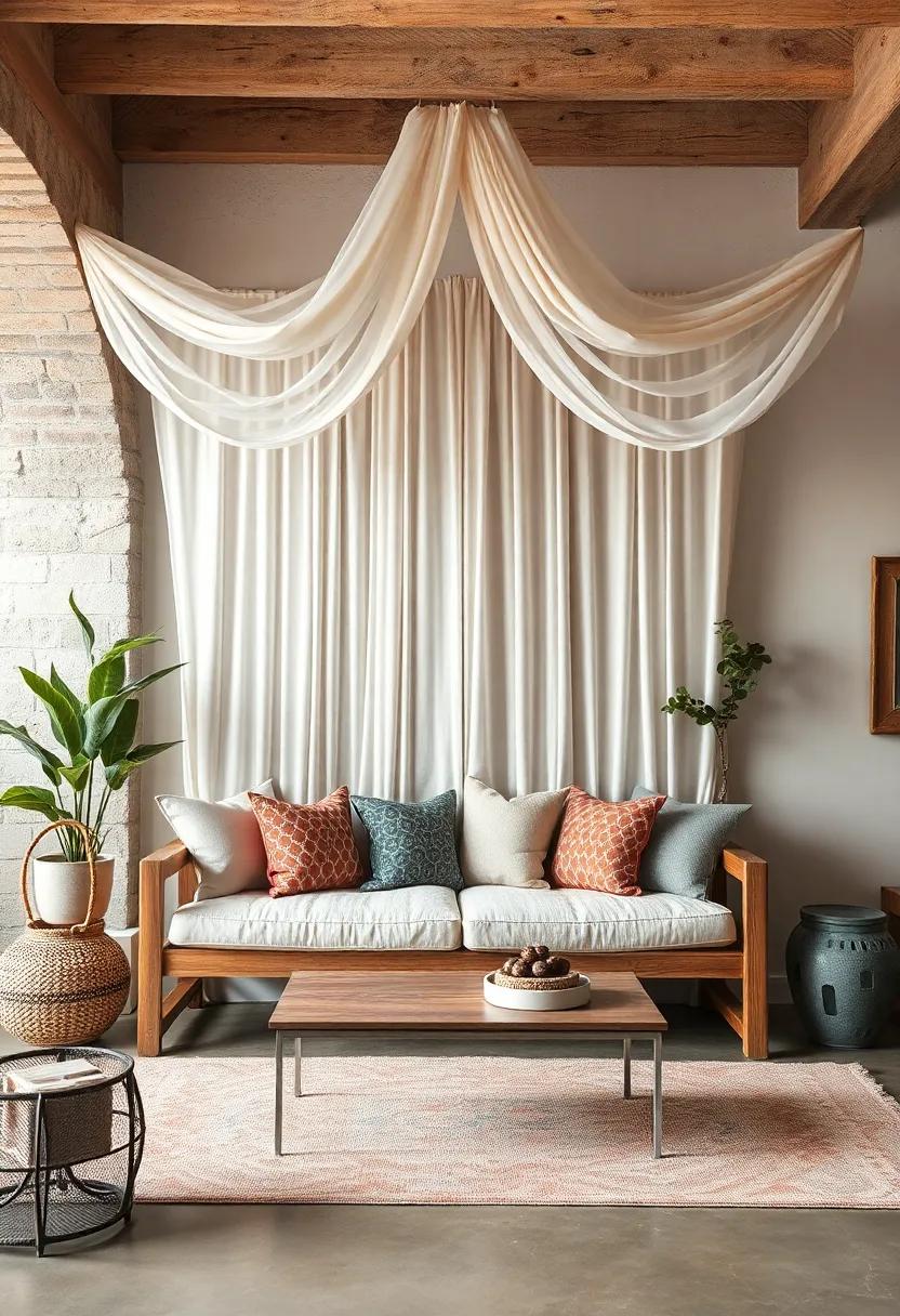 A Sun-Drenched Rustic Living Room Featuring a Cushion-Laden Armchair with Handwoven Wool Textures