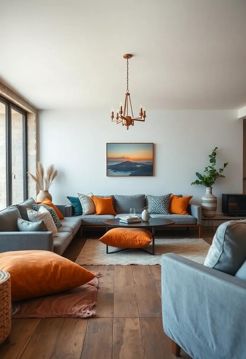 Sunset-Hued Cushions Dispersed Across a Rustic Wooden Floor Seating Area for Relaxed, Cozy Gatherings