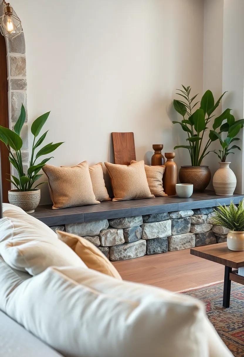 Natural Fiber Cushions Layered Over Rustic Slate Bench Seating Near Potted Plants and Wooden Artifacts