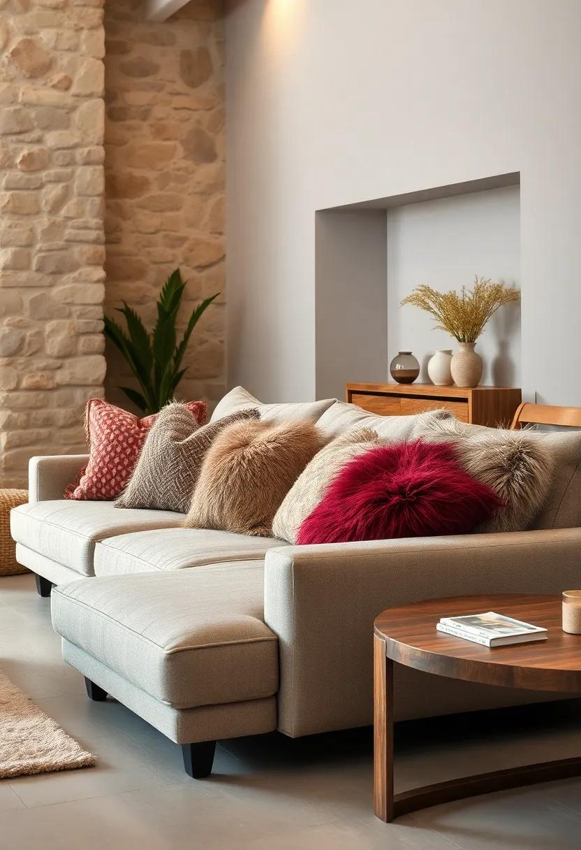 Mixing Wool and Faux Fur Cushions on a Neutral Toned Couch to Add Depth and Rustic Elegance