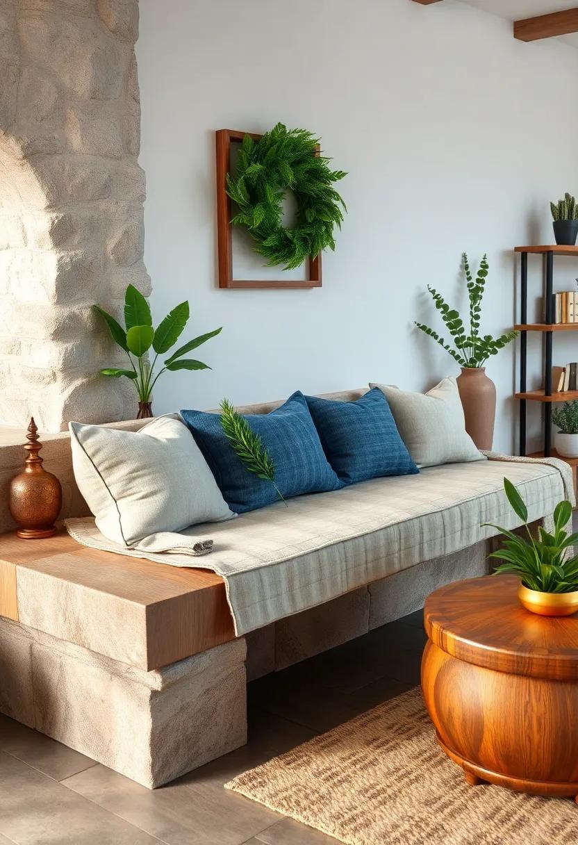 Rustic Chic Living Room Featuring a Plush Bench with Recycled Denim Cushions and Wreathy Green Accents