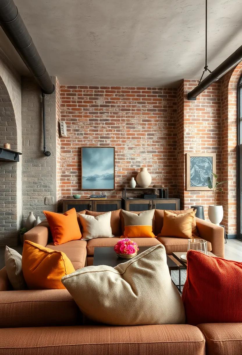 Rustic Industrial Living Room with Plush Cushions Highlighting Warmth Amid Exposed Brick and Metal Fixtures