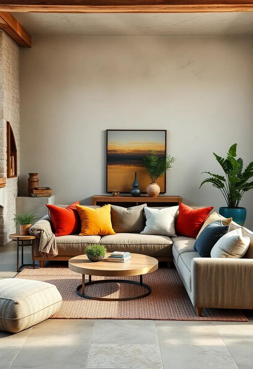 The Magic of Color Gradients in Plush Cushions Creating a Calm, Earthy Palette in a Rustic Lounge Area
