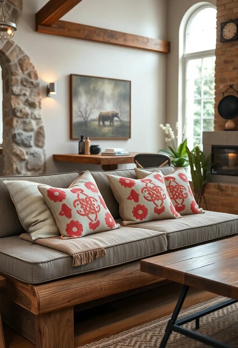 Inviting Plush Cushions with Celtic Knot Patterns on a Rustic Hearth Bench Enhancing Warmth and Texture
