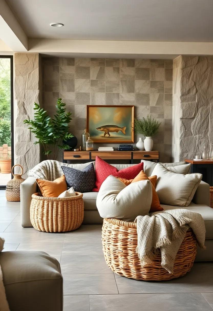 Woven Basket Storage Filled with Extra Cozy Pillows and Throws in a Rustic Living Room Setting