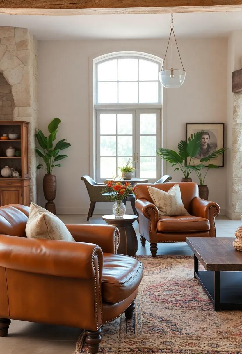 Vintage Leather Chairs Dotted with Soft, Overstuffed Cushions for Timeless Rustic Appeal