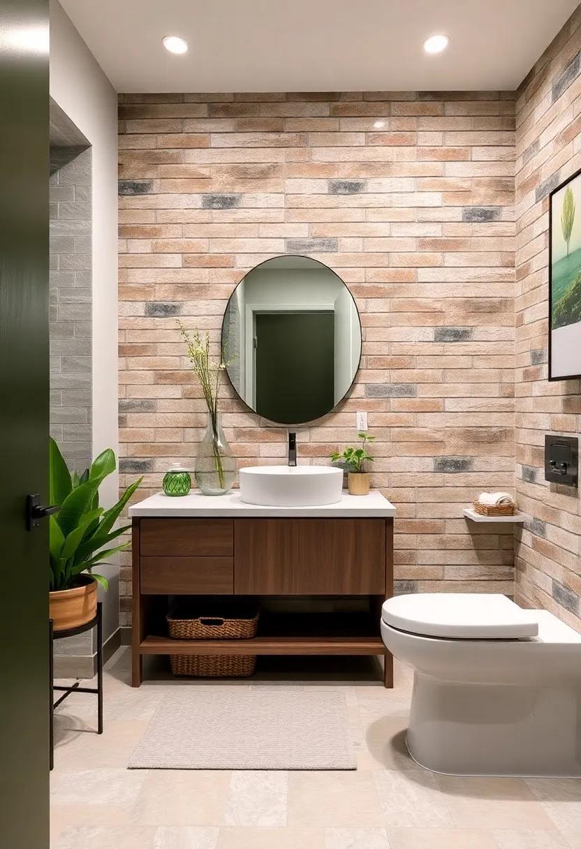 Soft Green Accents Complementing the Rustic Tones of an Exposed Brick Veneer in a Nature-Inspired Powder Room