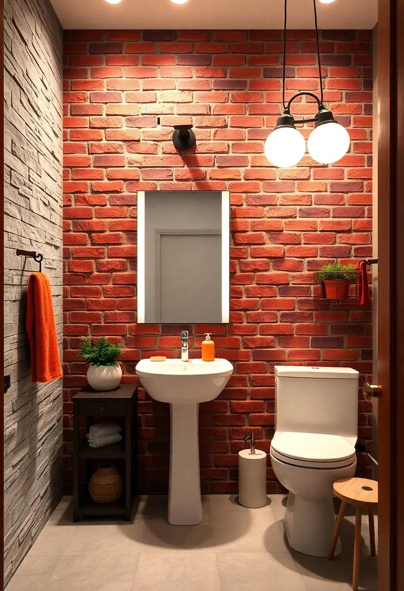 Rustic Charm Infused Through Earthy Red Brick Veneer Against Soft Pastel Walls in a Small Powder Room