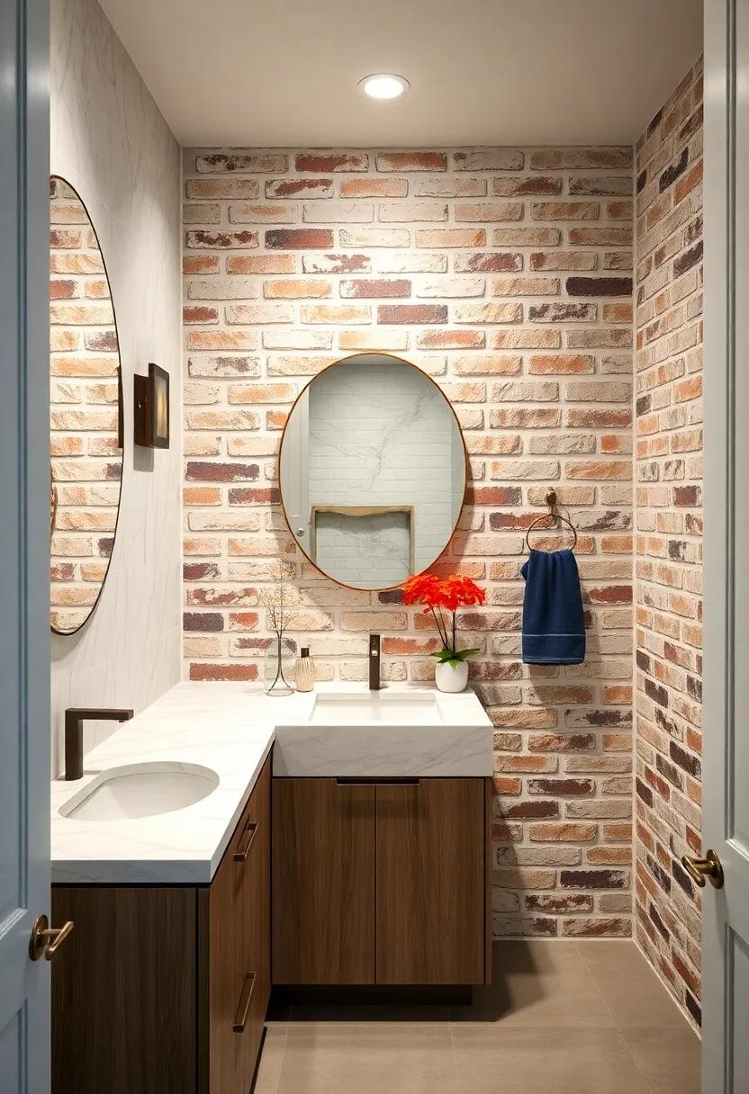 Smooth Marble Countertops Paired with Raw Brick Veneer for a Balanced Mix of Luxe and Earthy Styles