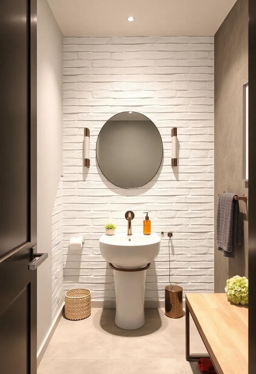 A Minimalist Powder Room Featuring a Crisp White Brick Veneer Accent Wall with Sleek Fixtures