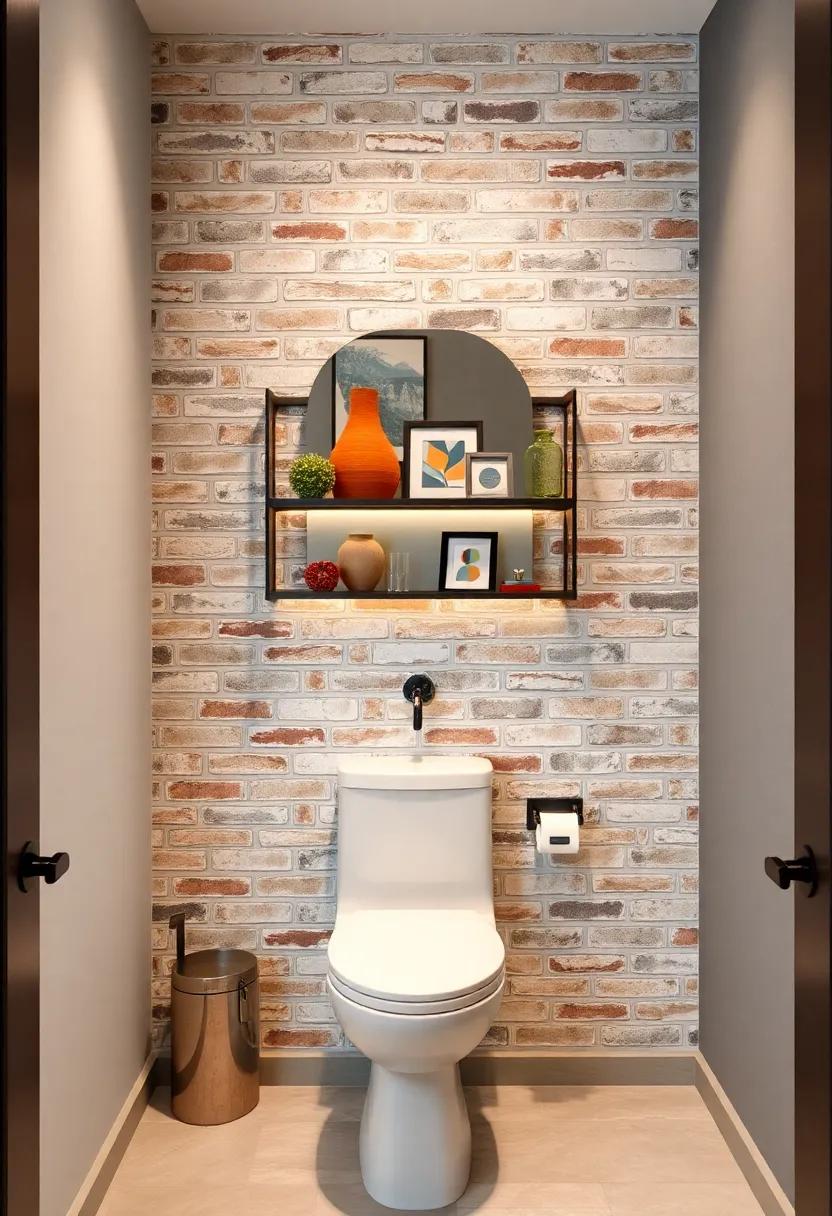 Bold Geometric Shelving Framing a Textured Brick Veneer Wall for Artistic Display in a Powder Room