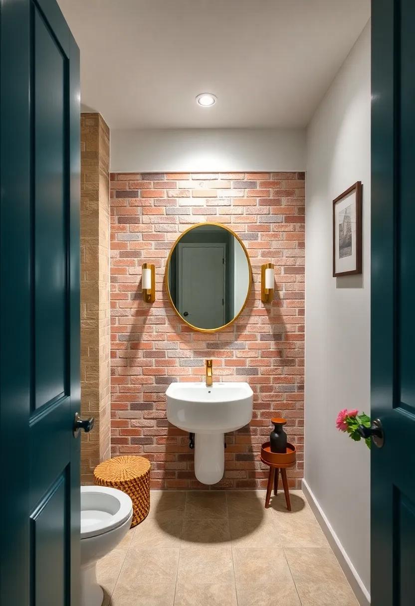 Artisan Crafted Fixtures Standing Out Against a Bold Brick Veneer Wall in an Eclectic Powder Room Design