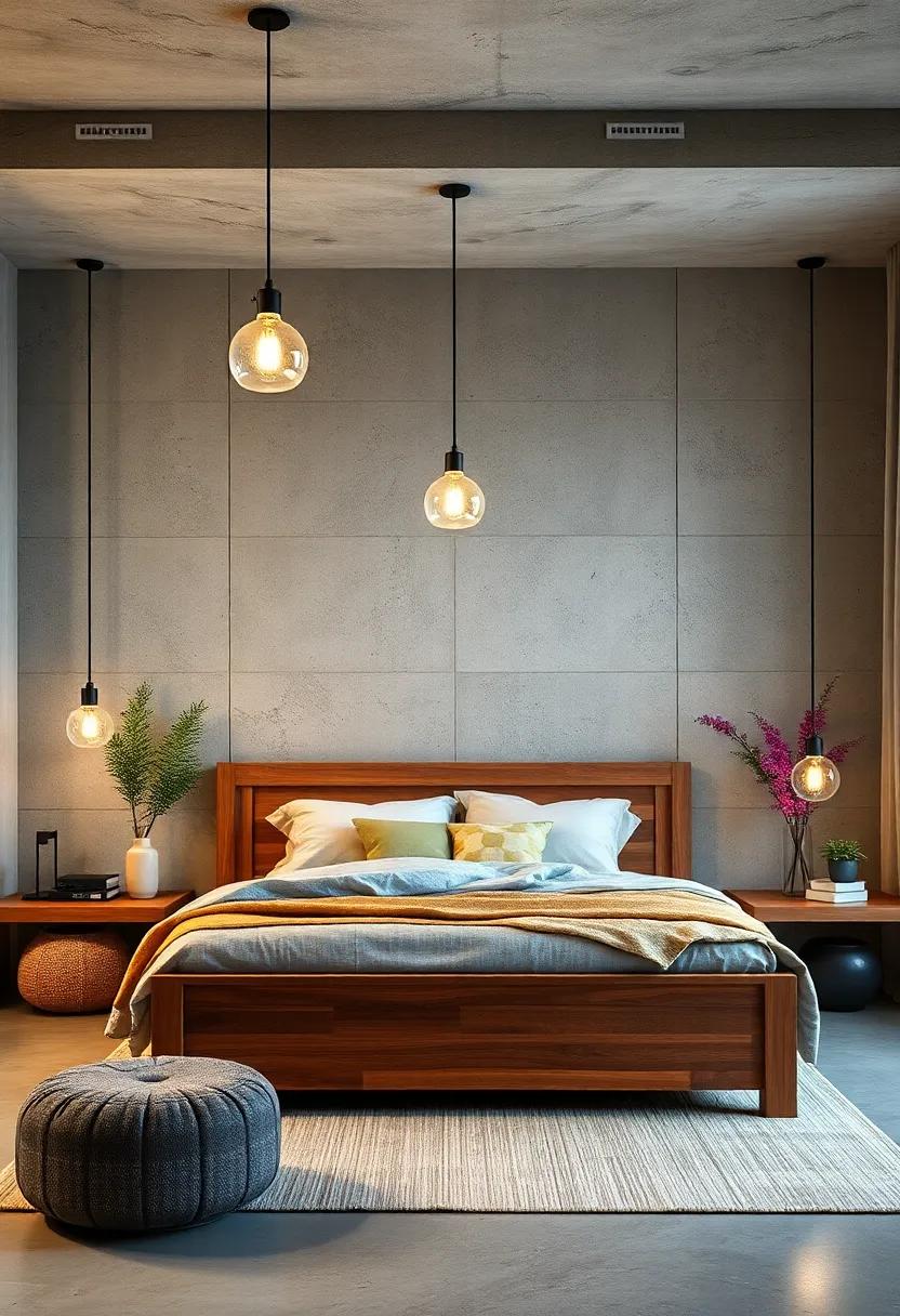 Recycled Glass Pendant Lights Hanging Above a Sustainable Wood Bed Frame