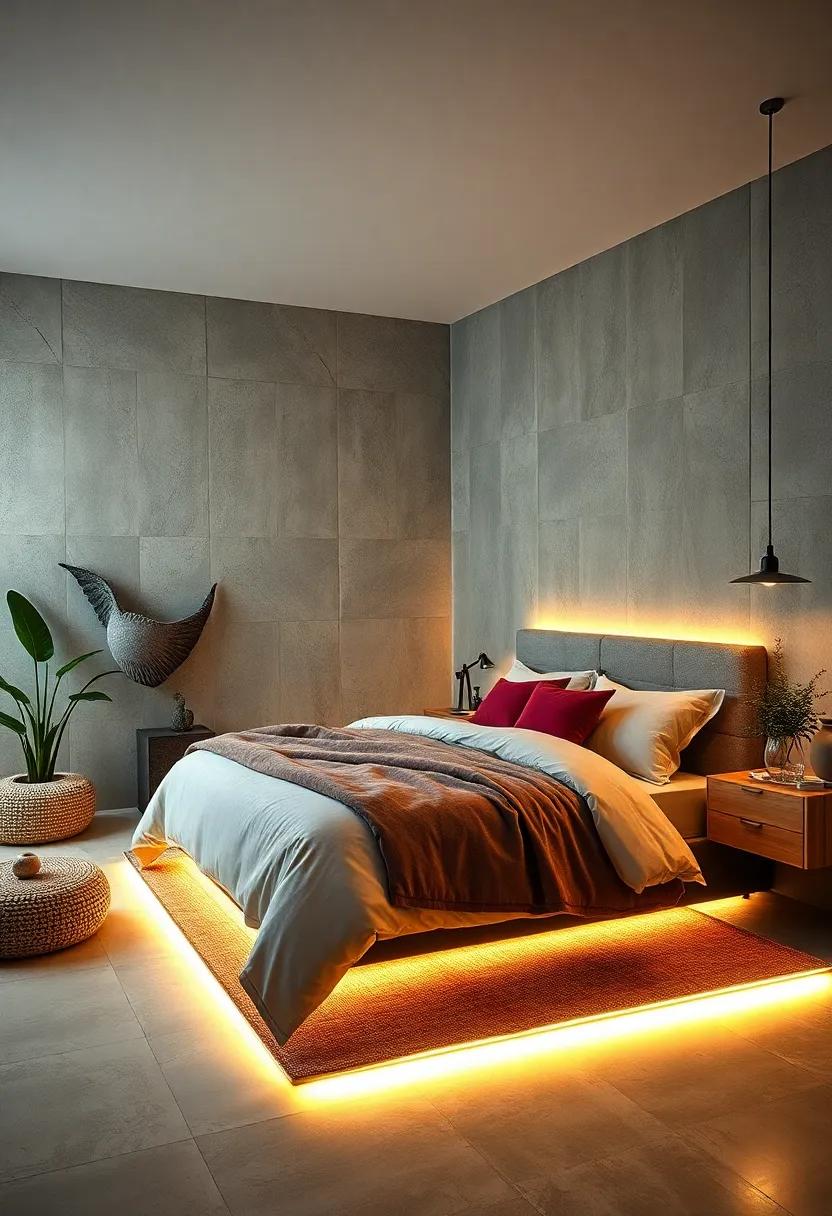 Subtle Under-Bed LED Strips Providing Gentle Nighttime Illumination in a Cozy Space