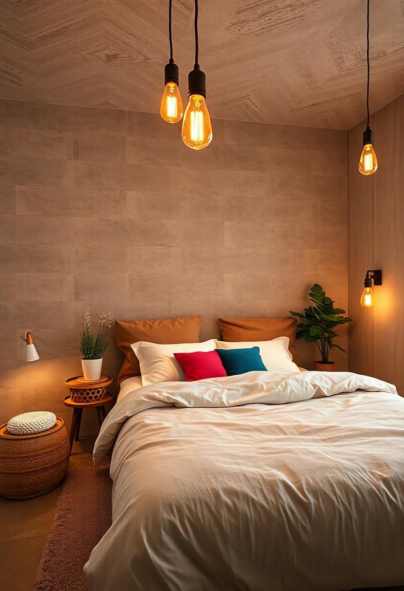 Vintage-Inspired Edison Bulbs Running on Low Voltage in a Rustic Eco Bedroom