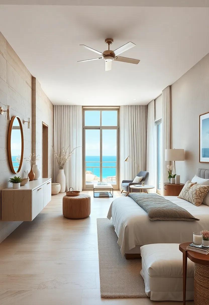 Coastal Inspired Master Bedroom with Breezy Whites, Natural Woods, and an Open Airy Dressing Nook Overlooking the Sea
