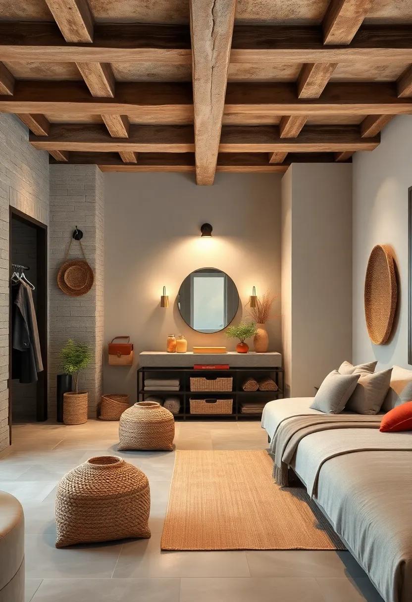 Charming Rustic Dressing Space with Exposed Beam Ceilings, Woven Baskets, and Soft Earthy Textiles in a Master Bedroom