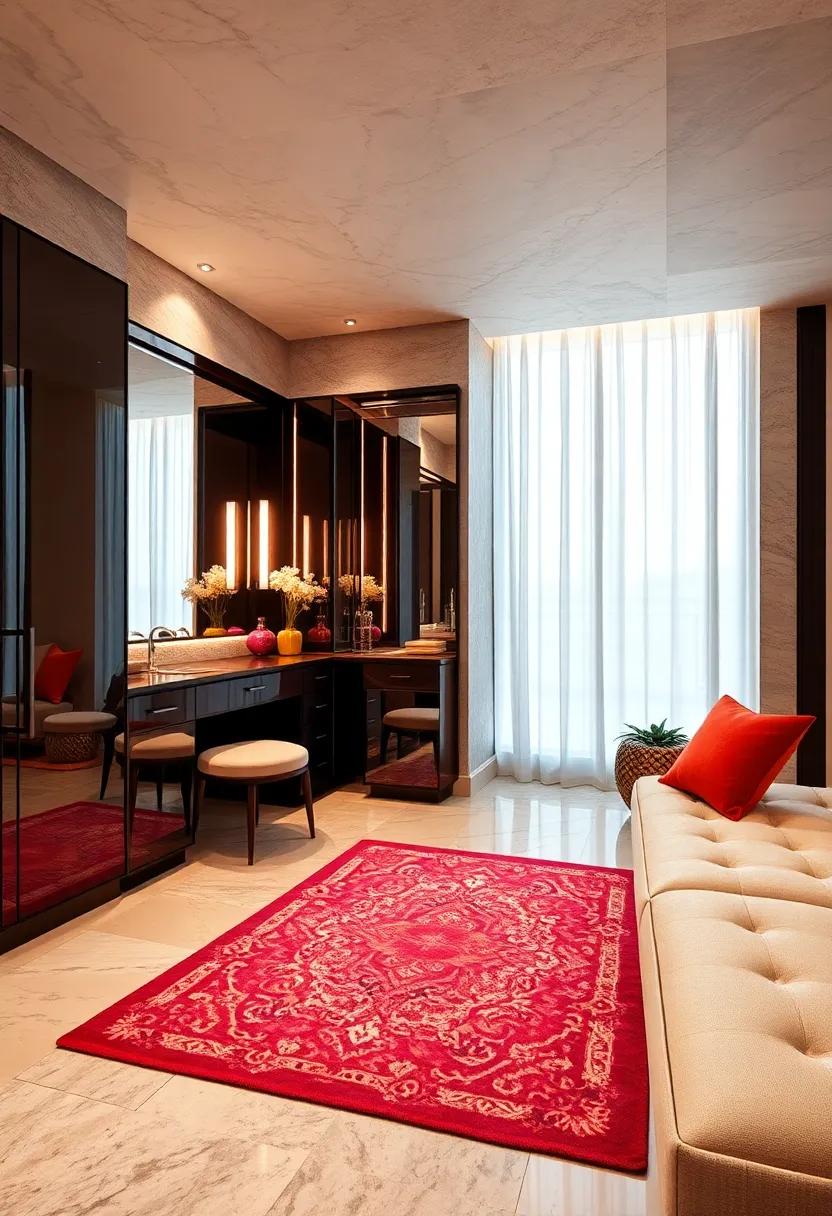 Urban Glam Dressing Room with High Gloss Cabinets, Neon Accents, and Bold Patterned Rugs Creating a Chic Atmosphere