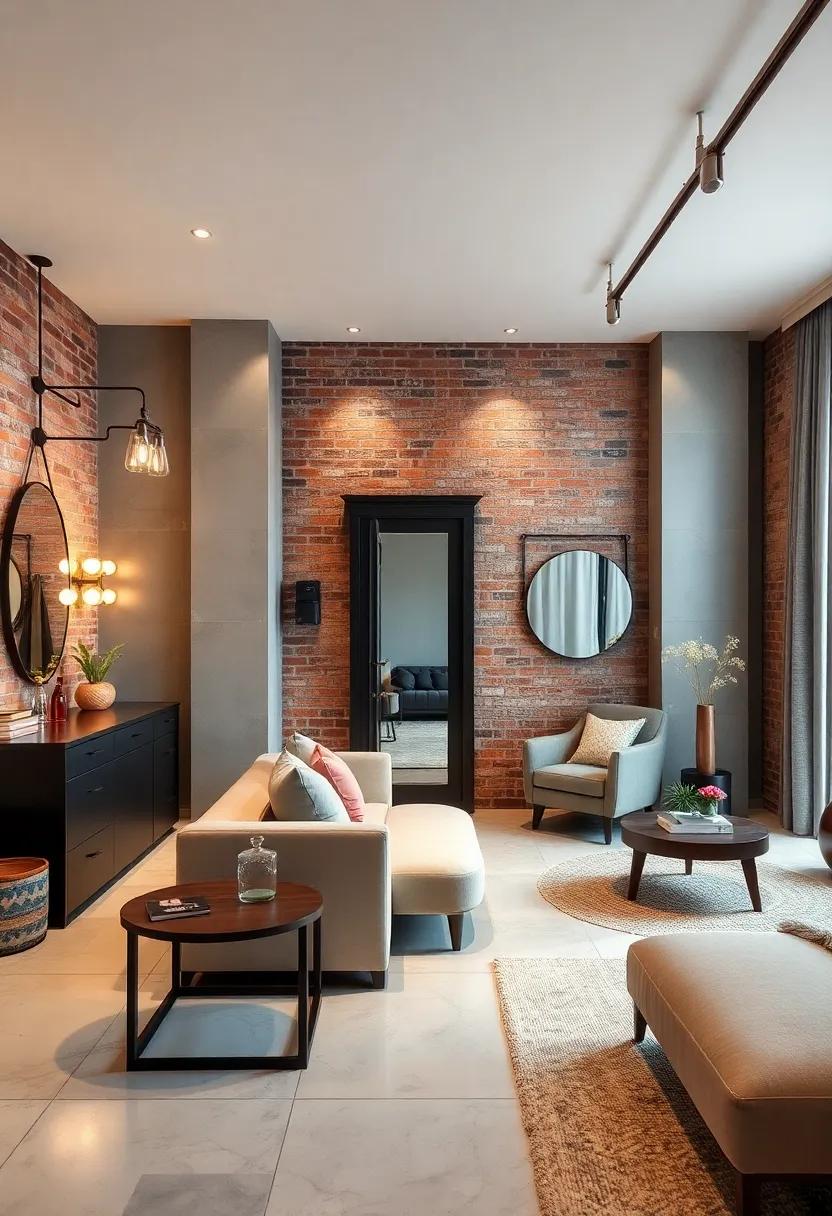 Industrial Chic Dressing Room with Exposed Brick Walls, Metal Fixtures, and Leather Accents in a Spacious Suite