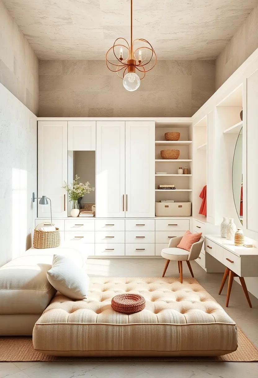 Scandinavian Style Dressing Area with Crisp White Storage, Subtle Pastel Accents, and Bright, Airy Ambiance
