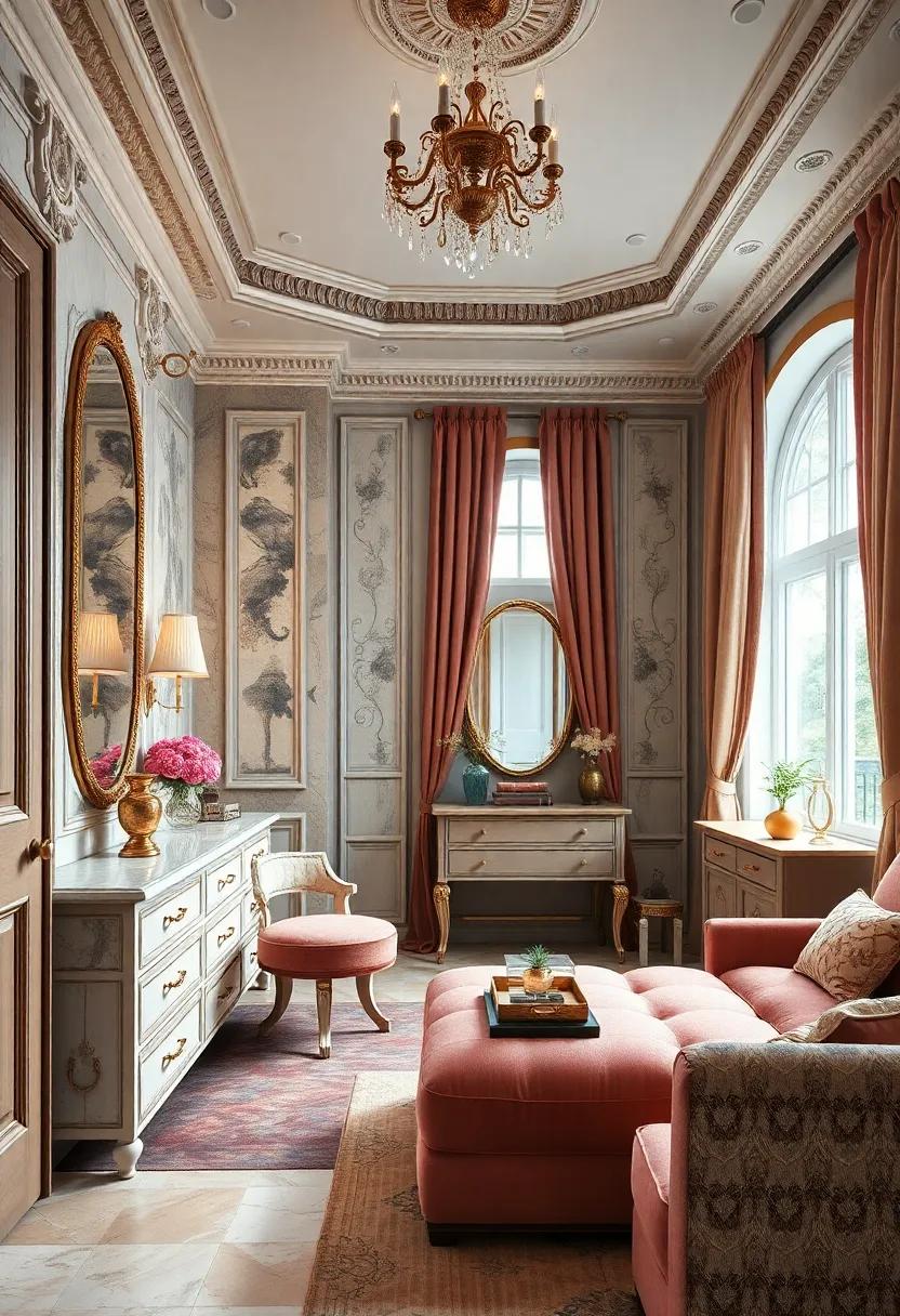 Classic French Boutique Style Dressing Room Featuring Ornate Moldings, Crystal Hardware, and Rich Velvet Drapes