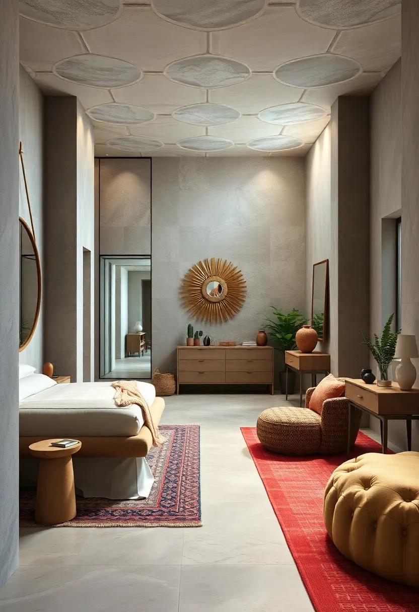 Bohemian Elegance in a Master Suite with Textured Rugs, Handmade Wall Art, and an Open Concept Dressing Lounge