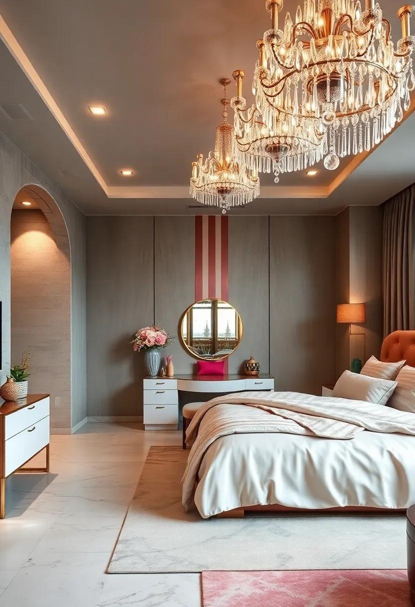 Glamorous Master Bedroom Retreat Highlighted by Crystal Chandeliers, Silk Bedding, and a Curved Vanity Dressing Table