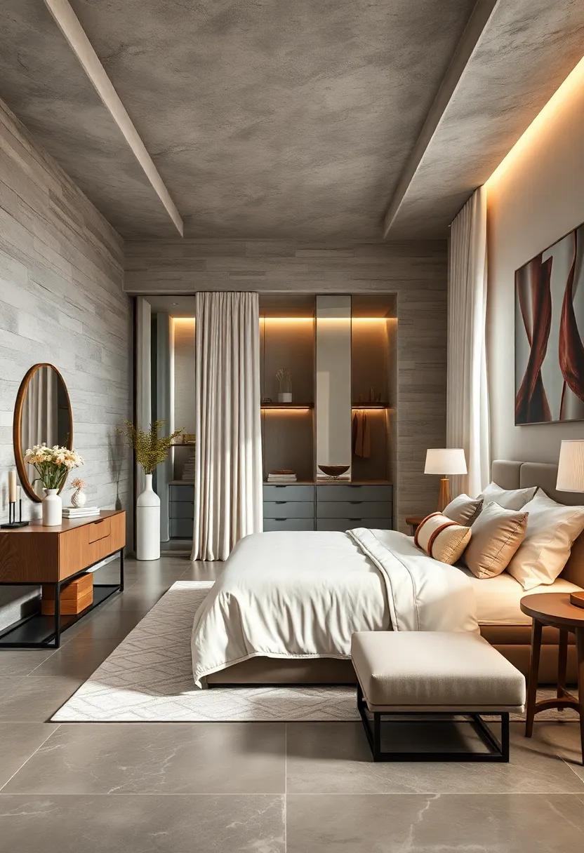 Serene Neutral Palette Bedroom Featuring Plush Bedding Layers and Elegant Drapery Flowing Toward a Spacious Dressing Area