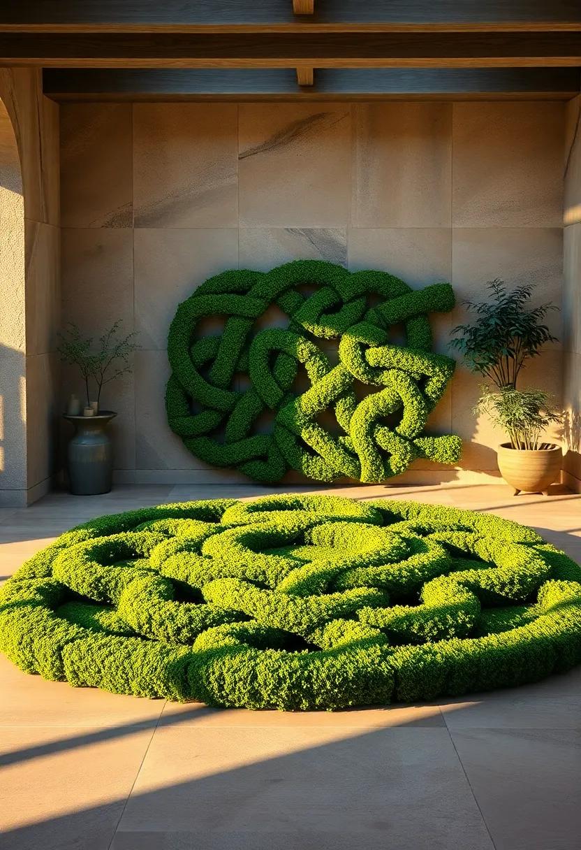 Golden Hour Light Casting Dramatic Shadows Over Elaborate Celtic Knotwork Formed by Vibrant Greenery