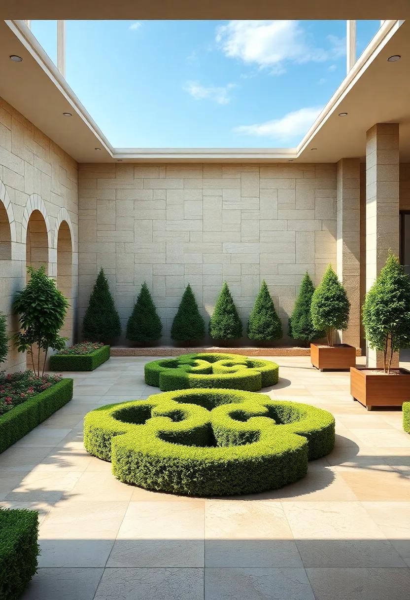 Serene Garden Vista Featuring Symmetrical Celtic Knot Shapes Carved from Evergreen Shrubs Under Soft Blue Skies