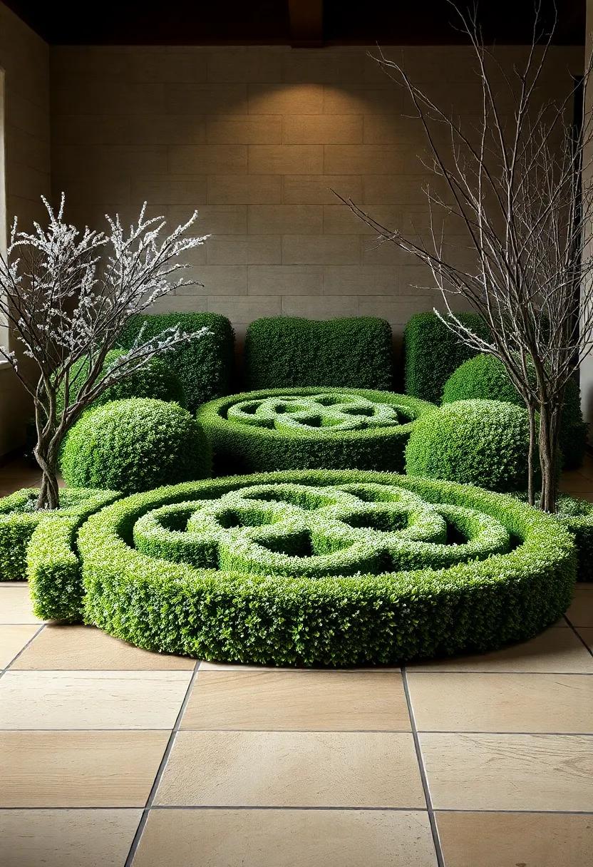 Winter Frost Crystals Adorning Crisp Edges of Carefully Sculpted Celtic Knot Gardens Against Bare Branches