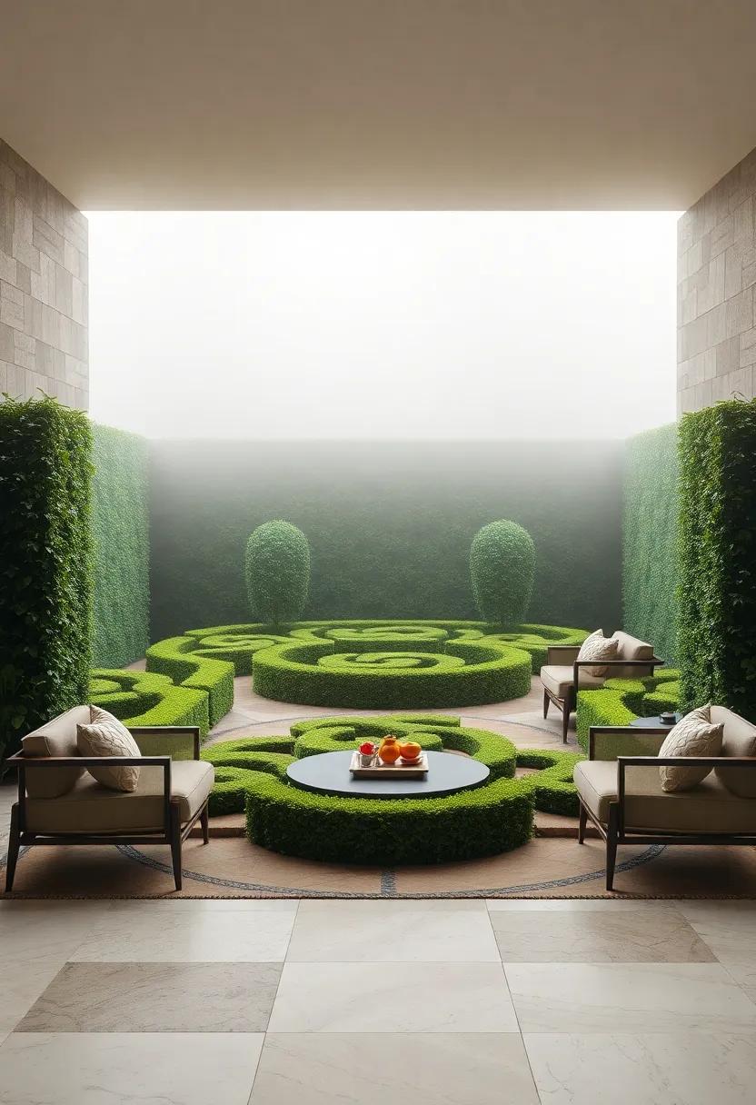 Gentle Fog Shrouding an Ancient Celtic Knot Garden, Softening the Intricate Lines of the Interlaced Hedges