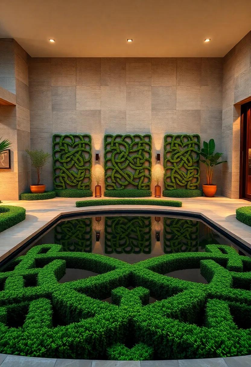 Reflections of Intricate Hedge-Cut Celtic Knots Mirrored Perfectly in a Calm Garden Pond at Twilight