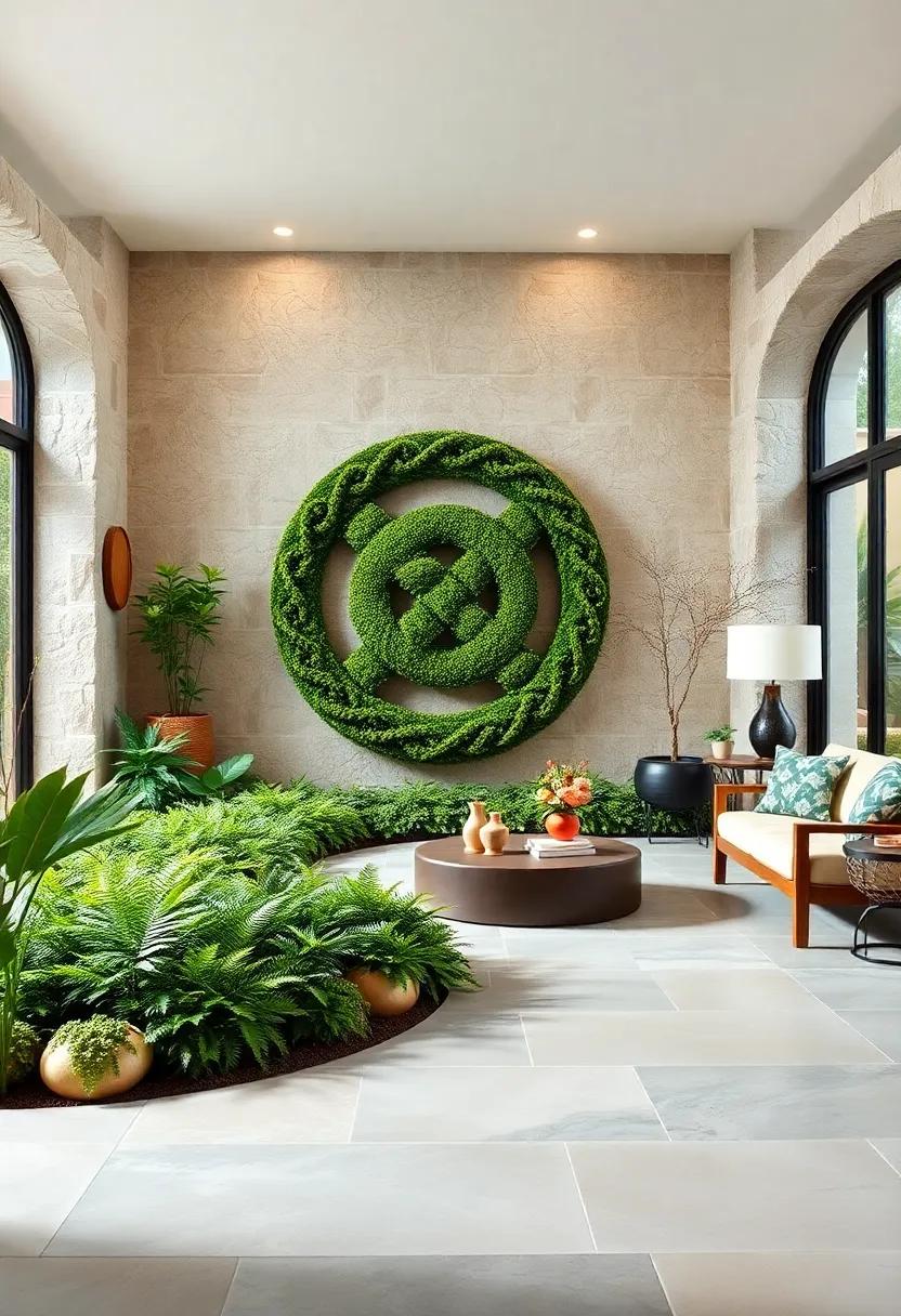 Ferns and Groundcover Softening the Base of Elevated Celtic Knot Hedge Sculptures in a Rustic Garden Setting