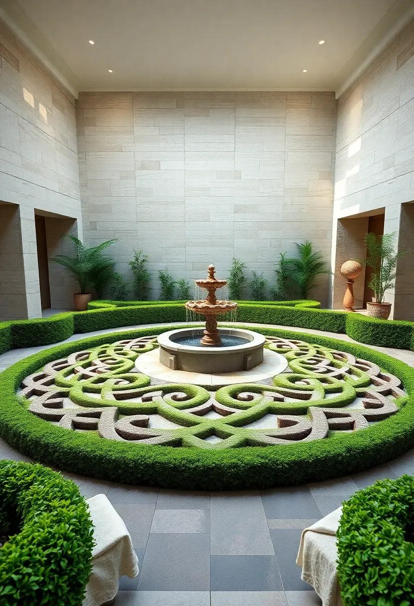 Circular Celtic Knot Patterns Radiating from a Central Fountain Surrounded by Well-Groomed Green Hedges