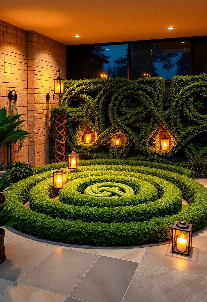 Evening Lanterns Casting Warm Glows on Interwoven Celtic Hedge Maze Inviting Hidden Discoveries