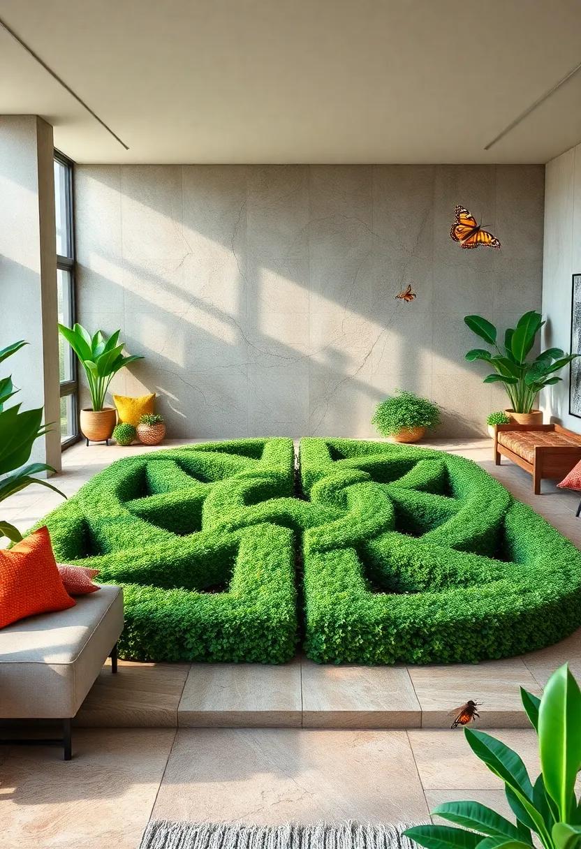 Butterflies and Bees Hovering Over Lush Hedges Forming Celtic Knot Designs in a Vibrant Summer Garden