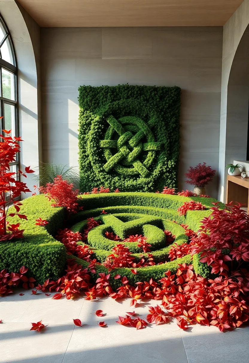 Crimson and Amber Leaves Highlighting the Seasonal Shift Surrounding Symmetrical Celtic Hedge Interlace