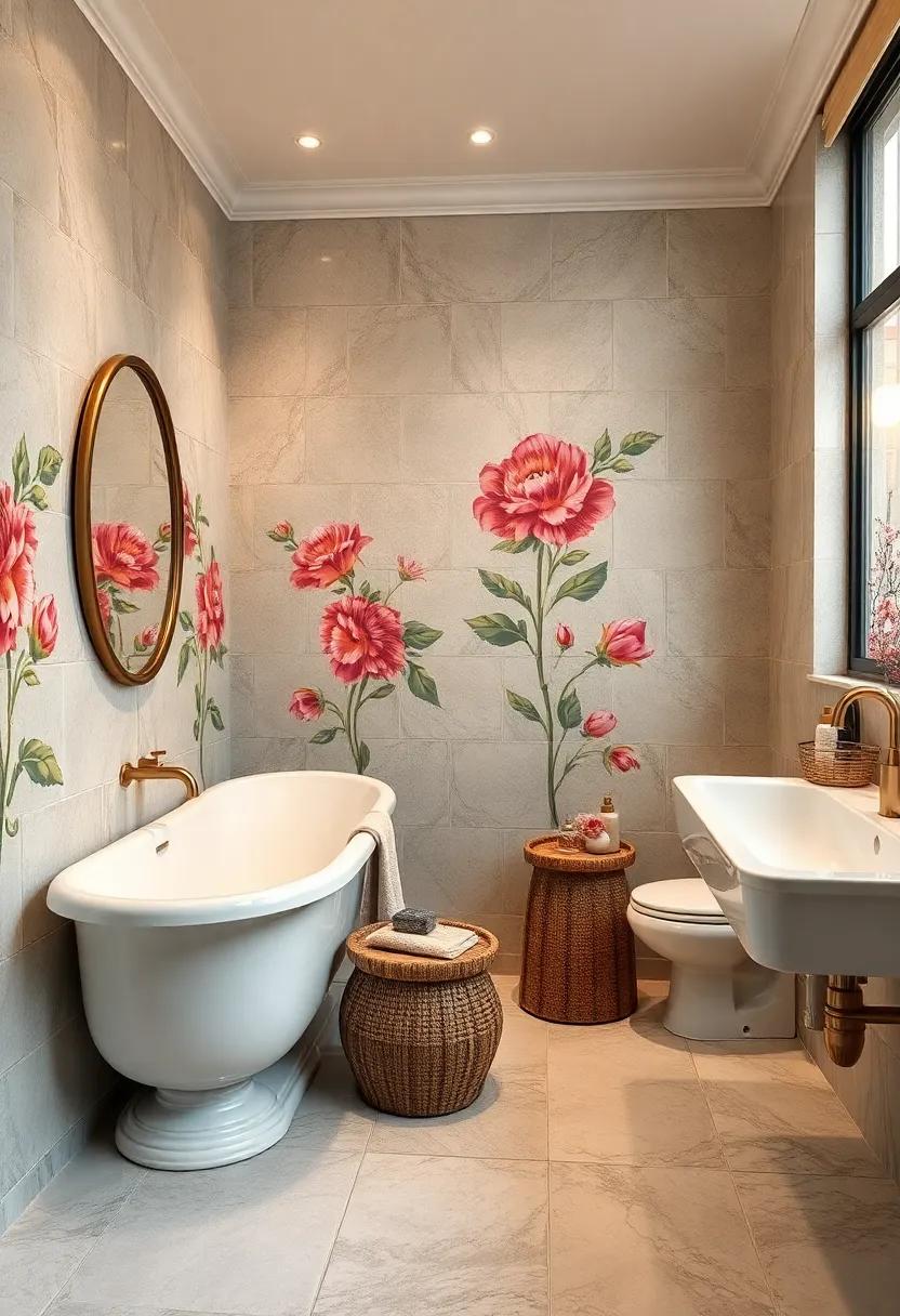 Hand-Painted Floral Tiles Bringing Artistic Flair and Nostalgia to a Classic Bathroom Scene