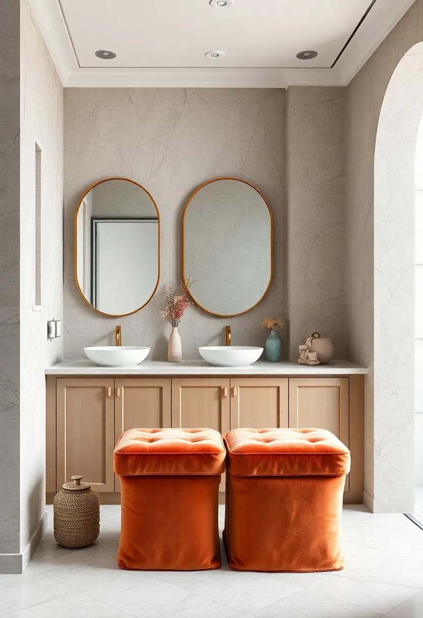 Lavish Velvet Upholstered Stools Pairing Comfort and Style Beside a Vanity Counter