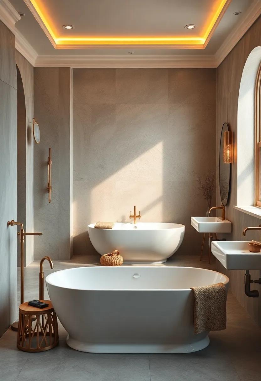Opulent Freestanding Bathtubs Nestled Among Soft, Natural Textures and Warm Lighting