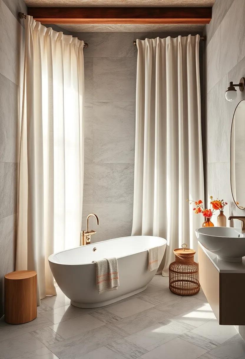 Softly Draped Linen Curtains Filter Morning Light Into a Tasteful and Timeless Bathroom