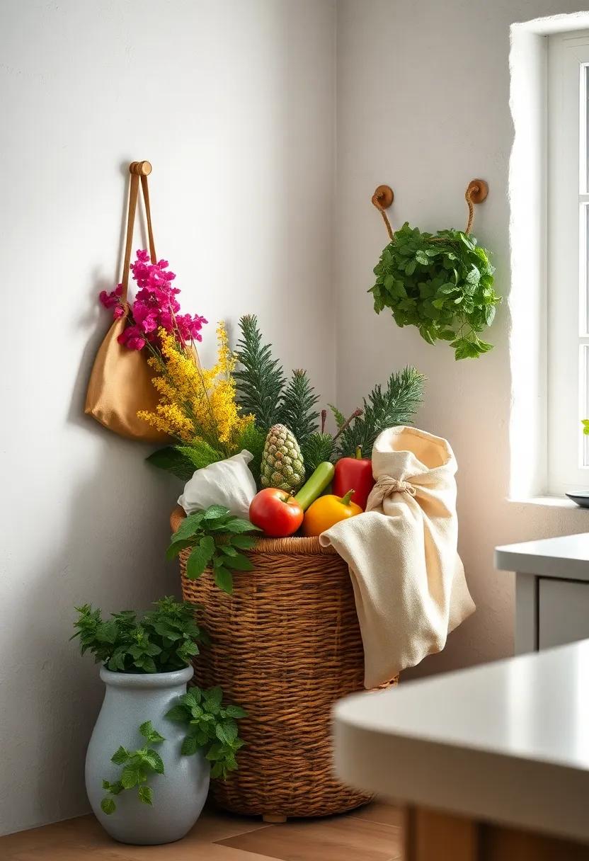 Cozy Corner With A Handwoven Basket Filled With Seasonal Fresh Produce and Rustic Linen Bags