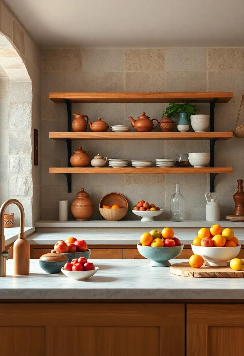 Handcrafted Clay Teapots Displayed Alongside Fresh Fruit Bowls On Wide Wooden Shelves